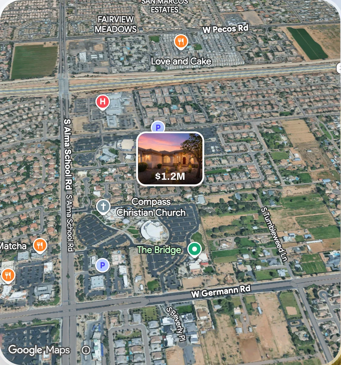 The neighborhood around 821 W Enfield Way on the 3D map, the listing pinned at $1.2M